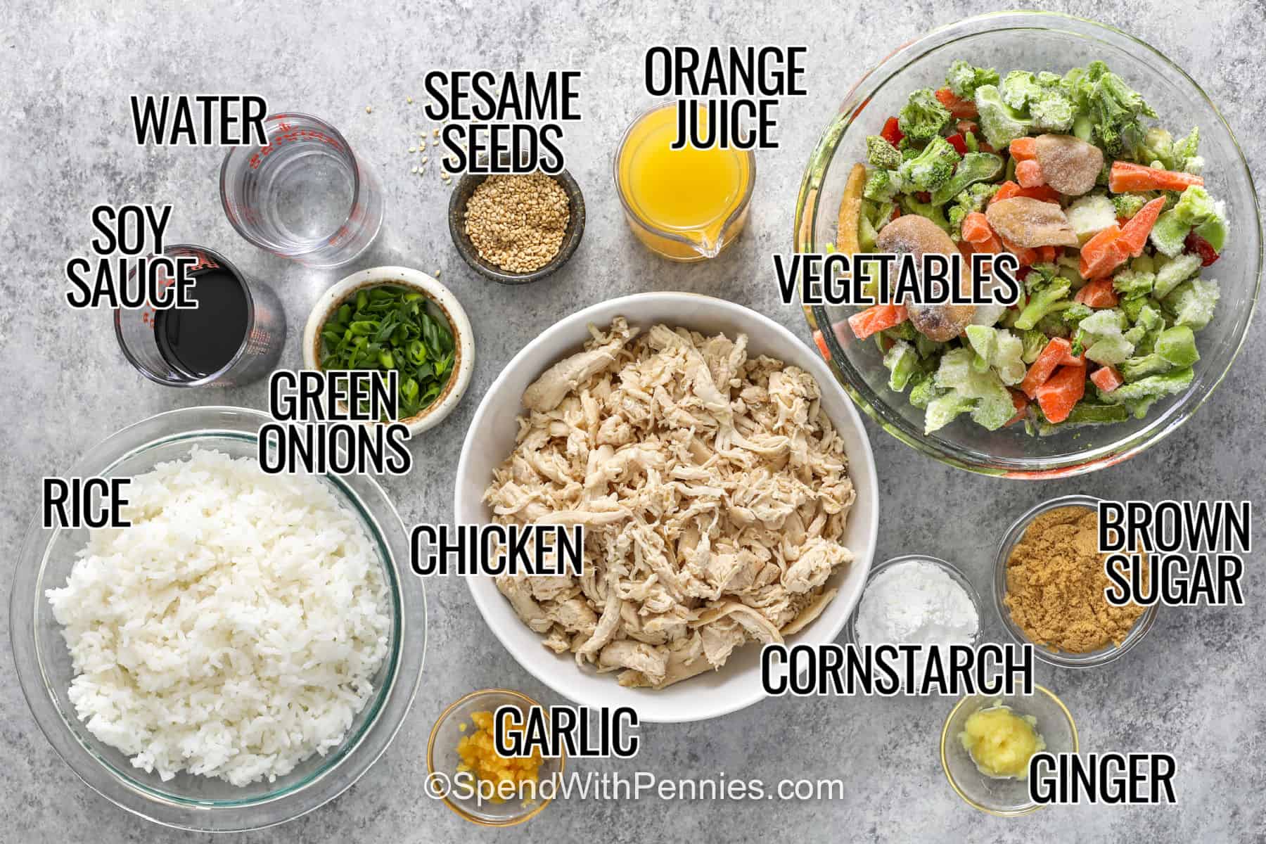 Teriyaki chicken casserole is a freezer-friendly dinner filled with cooked chicken, rice, and colorful stir-fry vegetables baked in a rich homemade teriyaki sauce. Using leftover rice and rotisserie chicken cuts down on prep, and frozen vegetables mean there is very little chopping. The sweet and savory ginger sauce keeps this casserole flavorful even after reheating. Save this recipe for meal prep, leftovers, or a busy weeknight meal. #spendwithpennies water , soy sauce , green onions , sesame seeds , orange juice , rice , chicken , garlic , cornstarch , brown sugar , ginger , vegetables with writing to make Teriyaki Chicken Casserole.