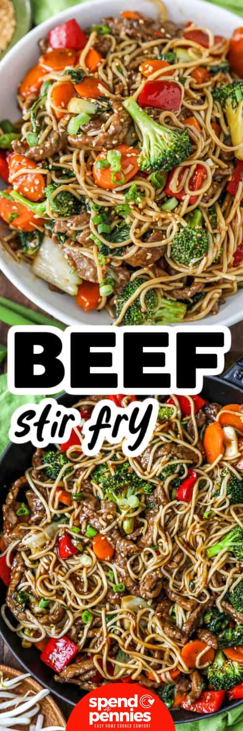This beef stir fry recipe turns flank steak and mixed vegetables into a colorful dinner coated in a glossy orange ginger sauce. Soy sauce and toasted sesame oil add savory depth, while brown sugar balances the citrus for a sauce that clings beautifully to every bite. Use broccoli, snap peas, mushrooms, peppers, carrots, or whatever vegetables are on hand. Save this beef and vegetable stir fry for an easy dinner idea. #spendwithpennies Beef Stir Fry in the pan and plated with a title.