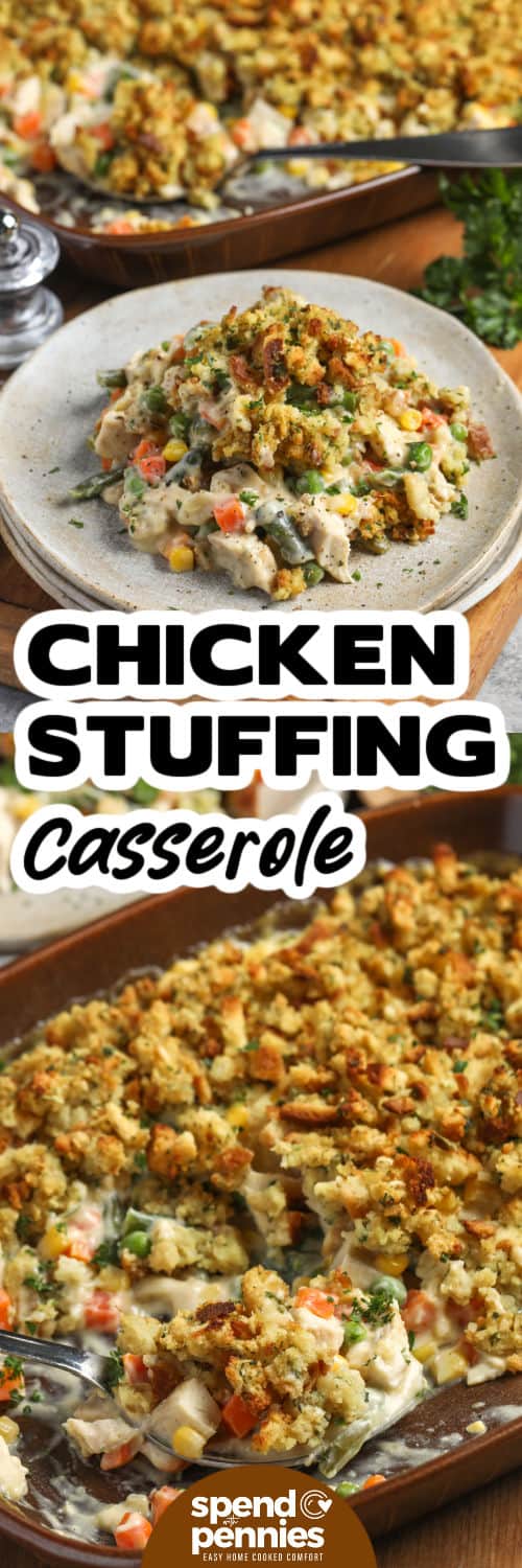 Chicken and stuffing casserole brings creamy chicken, tender vegetables, and savory herb stuffing together in one cozy baking dish. Using cooked or rotisserie chicken keeps the prep short, while frozen mixed vegetables make this a practical dinner to keep in the weeknight rotation. The golden stuffing topping gives each scoop plenty of flavor and texture. Pin this chicken stuffing casserole for a comforting 35-minute meal. #spendwithpennies Chicken Stuffing Casserole in the dish and plated with a title.