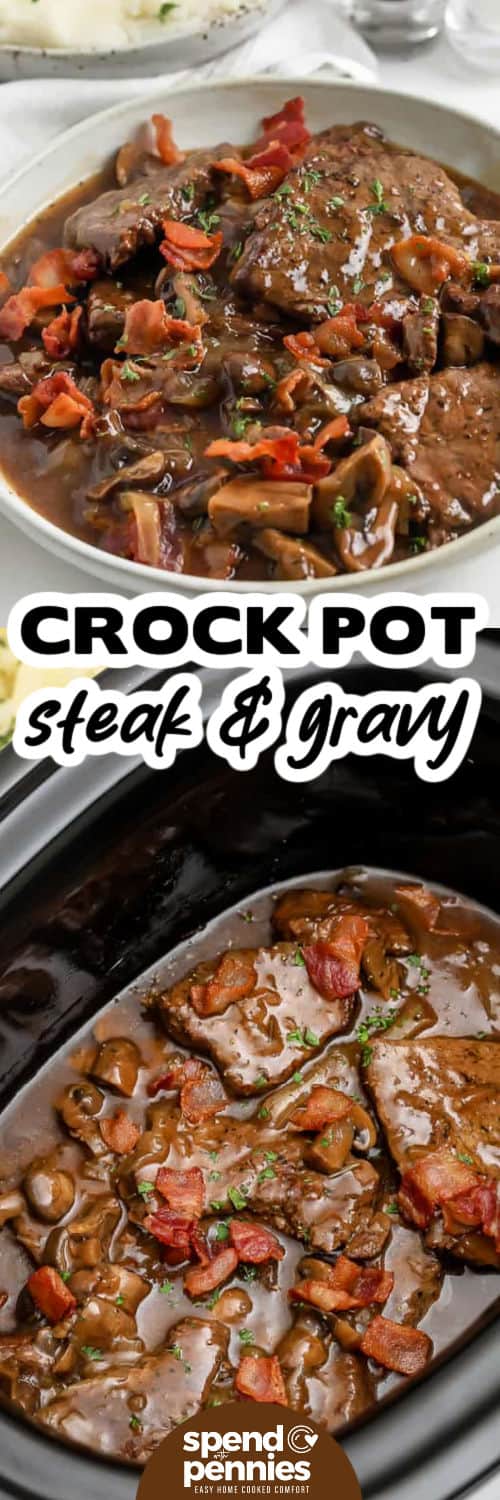 If you're looking for an easy Crock Pot steaks and gravy recipe, this one delivers rich homemade flavor with simple pantry ingredients. Browning the steaks first helps build a deeply savory gravy, while the slow cooker does the rest of the work. It's a dependable family meal you'll want to make again. Pin it today for your next dinner. #spendwithpennies Crock Pot Steak & Gravy in the pot and plated with a title