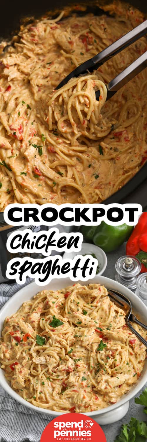 Creamy Crockpot chicken spaghetti is even easier when the Crockpot handles the chicken, peppers, tomatoes, broth, and seasonings. Once the chicken is tender, evaporated milk, cheddar, Parmesan, and al dente spaghetti turn it into a creamy and satisfying pasta dinner. It is a practical recipe for busy evenings and reheats well with a splash of milk or broth. Save this spaghetti recipe for an easy family dinner. #spendwithpennies Crockpot Chicken Spaghetti in the pot and plated with a title.