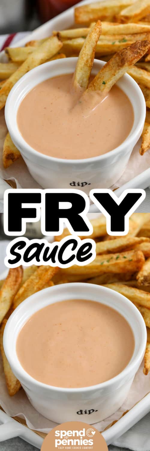 This fry sauce recipe is made for busy nights when burgers and crispy fries are on the menu. A creamy blend of mayonnaise and ketchup gets a bright splash of pickle juice plus smoked paprika for a subtle layer of smoky flavor. The sauce takes only minutes to prepare and can be made ahead, so there is nothing left to do at dinnertime except stir and serve. Use leftovers on sandwiches or wraps too. Save this fry sauce recipe for an easy homemade condiment. #spendwithpennies Fry Sauce on a dish with fries and top photo with fries in dip with a title.