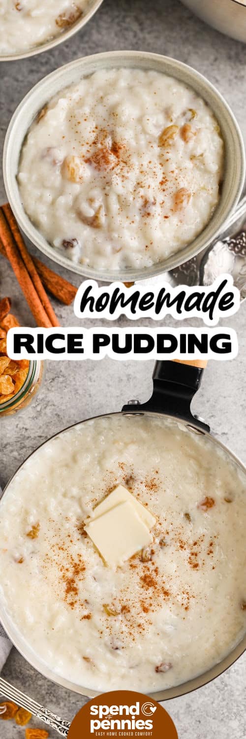 Old fashioned rice pudding is a budget-friendly dessert that turns leftover white rice into something rich and comforting. The rice simmers in sweetened whole milk until creamy, then egg and butter add richness while vanilla, cinnamon, and nutmeg bring plenty of warm flavor. Golden raisins are an easy optional addition for extra sweetness and texture. It is simple, practical, and perfect for chilly evenings. Pin this rice pudding recipe to make later. #spendwithpennies Homemade Rice Pudding in the pot and plated with a title.