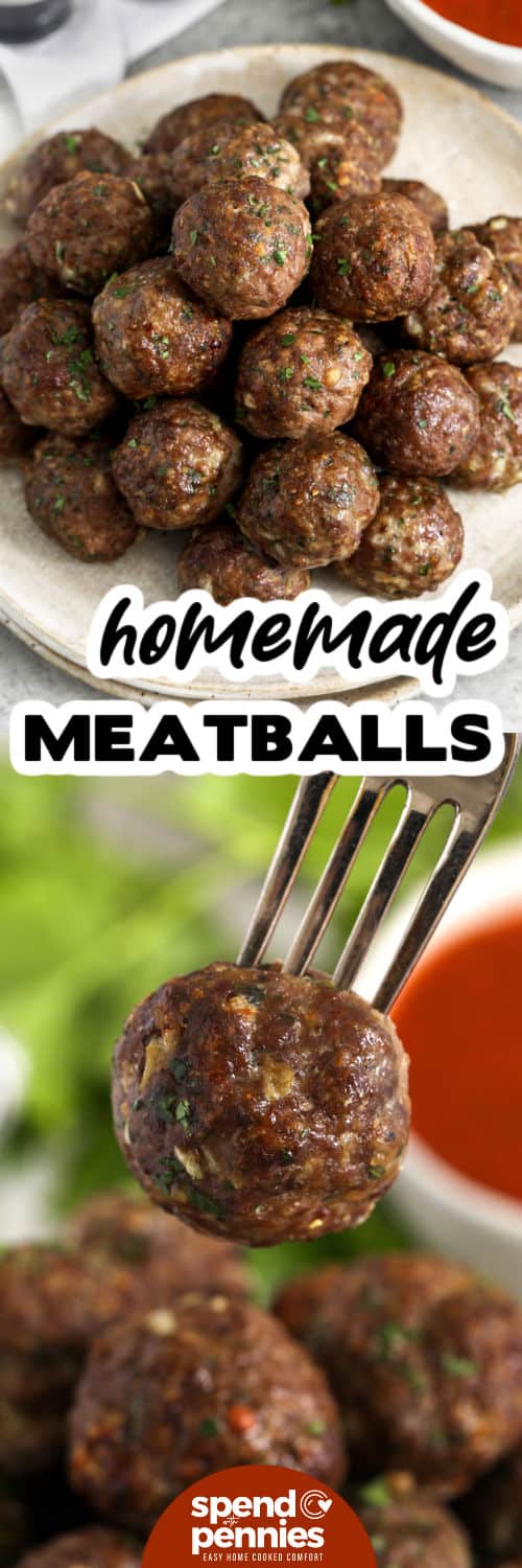 This juicy meatball recipe makes a generous batch that is perfect for dinner tonight and meal prep later. The meatballs are seasoned with Parmesan, parsley, garlic powder, onion, and Italian seasoning, then baked until tender. Use them in spaghetti, meatball subs, soups, baked pasta, or appetizers. They freeze well before or after baking, making weeknight dinners easier. #spendwithpennies Easy Meatball Recipe on a plate and one on a fork with a title