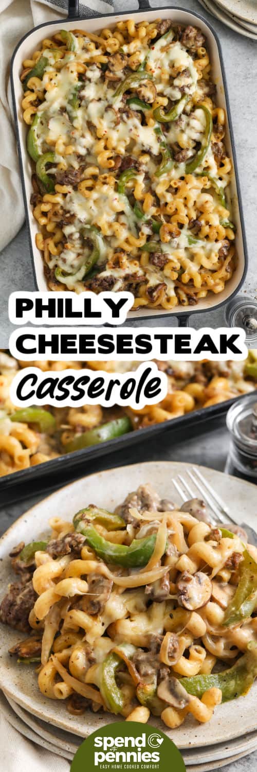 This Philly cheesesteak casserole combines seasoned ground beef, tender cavatappi, green bell pepper, mushrooms, and onion in a rich homemade cheese sauce. Swiss and pepper jack melt into the sauce and over the top for a creamy, bubbly casserole with plenty of savory flavor. It brings all the comfort of cheesesteak-inspired ingredients to an easy family-style dinner. Save this recipe for your next cozy weeknight meal. #spendwithpennies Philly Cheesesteak Casserole in the dish and plated with a title.