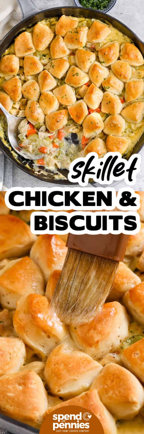 Chicken and biscuits makes a cozy family dinner without the work of rolling out a pie crust. Tender chicken and vegetables simmer in chicken broth and creamy chicken soup before refrigerated biscuits are added on top and baked until golden. The result is a hearty chicken biscuit casserole with creamy filling and plenty of soft, buttery biscuit bites. It is especially handy for using leftover chicken. Pin this comforting dinner recipe to make soon. #spendwithpennies skillet chicken and biscuits in a skillet and bicuits brushed with butter with writing.