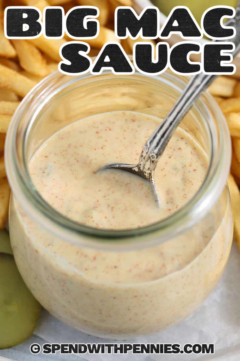 This homemade Big Mac Sauce has the creamy texture, pickle sweetness, and tangy mustard flavor that makes it perfect for burger night. Mayonnaise creates the rich base while sweet pickle relish, vinegar, paprika, garlic powder, and onion powder add layers of flavor without extra prep. It can even be made lighter by replacing half the mayo with plain Greek yogurt. Pin this easy sauce for your next burger dinner. #spendwithpennies dish of Big Mac Sauce with a title.