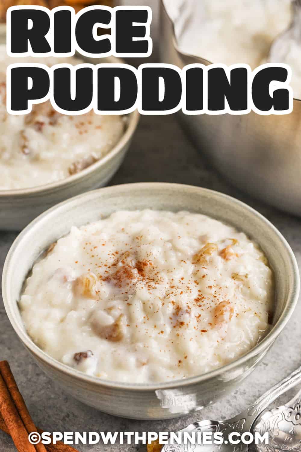 Creamy rice pudding is an easy stovetop dessert for nights when something simple and cozy sounds just right. Cooked white rice makes the recipe quick, and everyday ingredients like whole milk, sugar, egg, vanilla, and cinnamon turn it into a silky homemade pudding. Serve it warm with extra cinnamon or chill it for a make-ahead dessert that thickens beautifully in the fridge. Save this easy rice pudding recipe for your comfort-food collection. #spendwithpennies bowls of Homemade Rice Pudding with cinnamon and title.