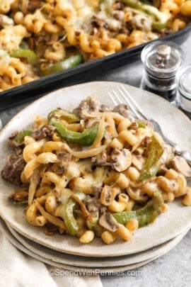plated Philly Cheesesteak Casserole.