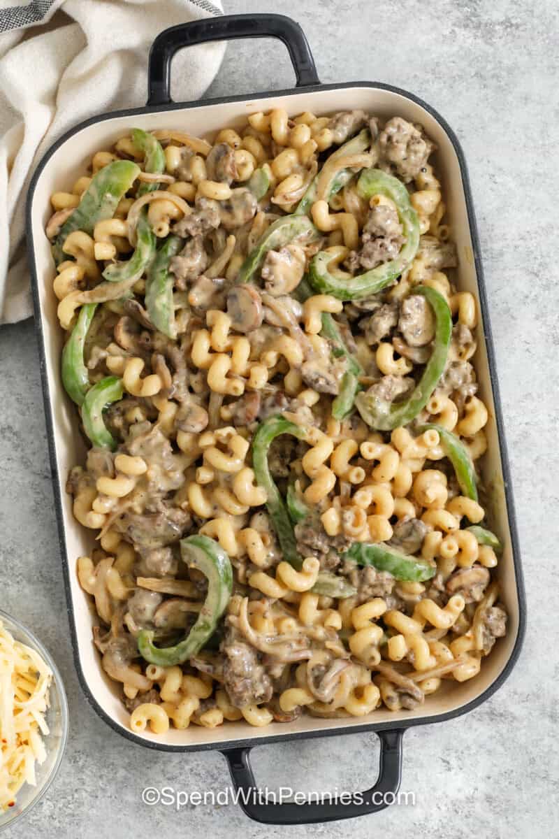 Philly Cheesesteak Casserole in the dish before cooking.