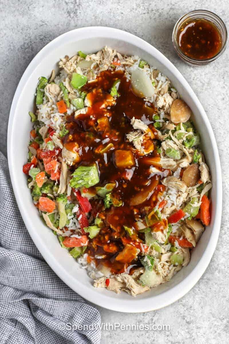 Teriyaki Chicken Casserole ingredients in dish before cooking.