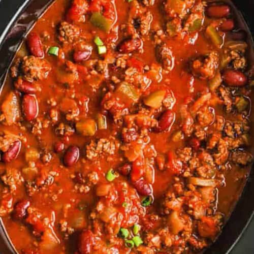 close up of Crockpot Chili Recipe in the pot.