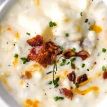 close up of Potato Soup Recipe in a bowl.