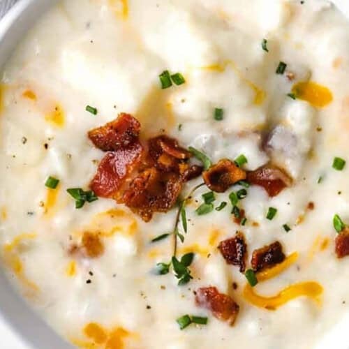 close up of Potato Soup Recipe in a bowl.