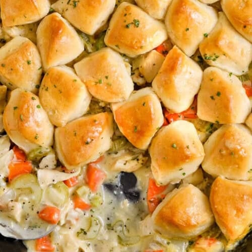 chicken biscuits in a skillet.
