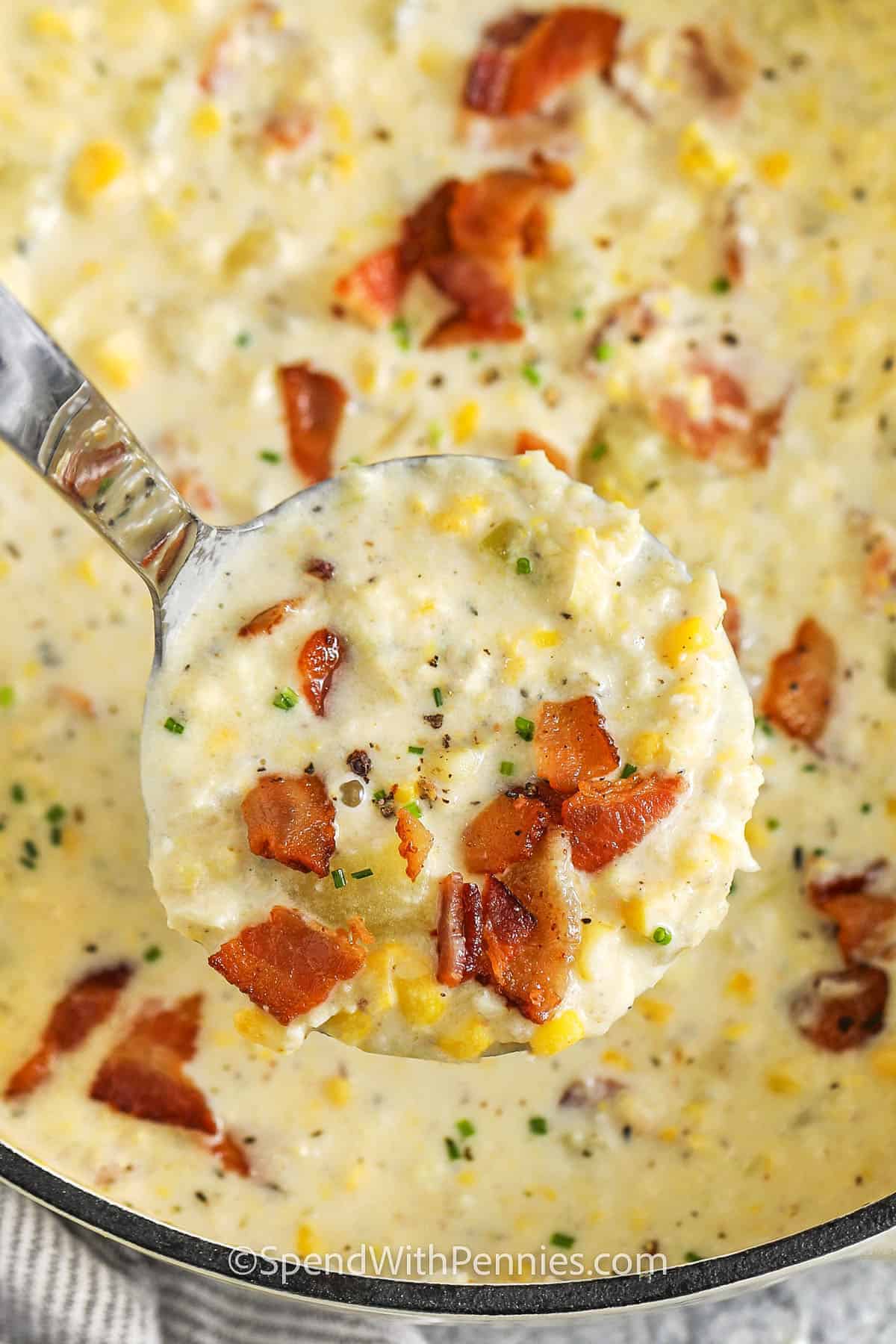 This homemade corn chowder recipe has everything you want in a creamy soup, including smoky bacon, sweet corn, tender potatoes, and a rich broth. It cooks on the stovetop in about 45 minutes and works with either fresh or frozen corn. Blending only part of the soup gives it plenty of creamy texture without losing those tender bites of vegetables. Save this easy soup recipe for later. #spendwithpennies taking a ladle of Corn Chowder Recipe out of the pot.