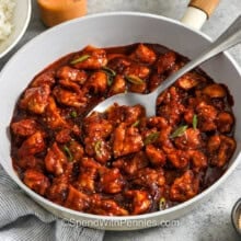 close up of Gochujang Chicken in pan.