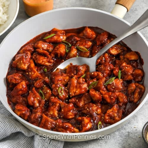 close up of Gochujang Chicken in pan.