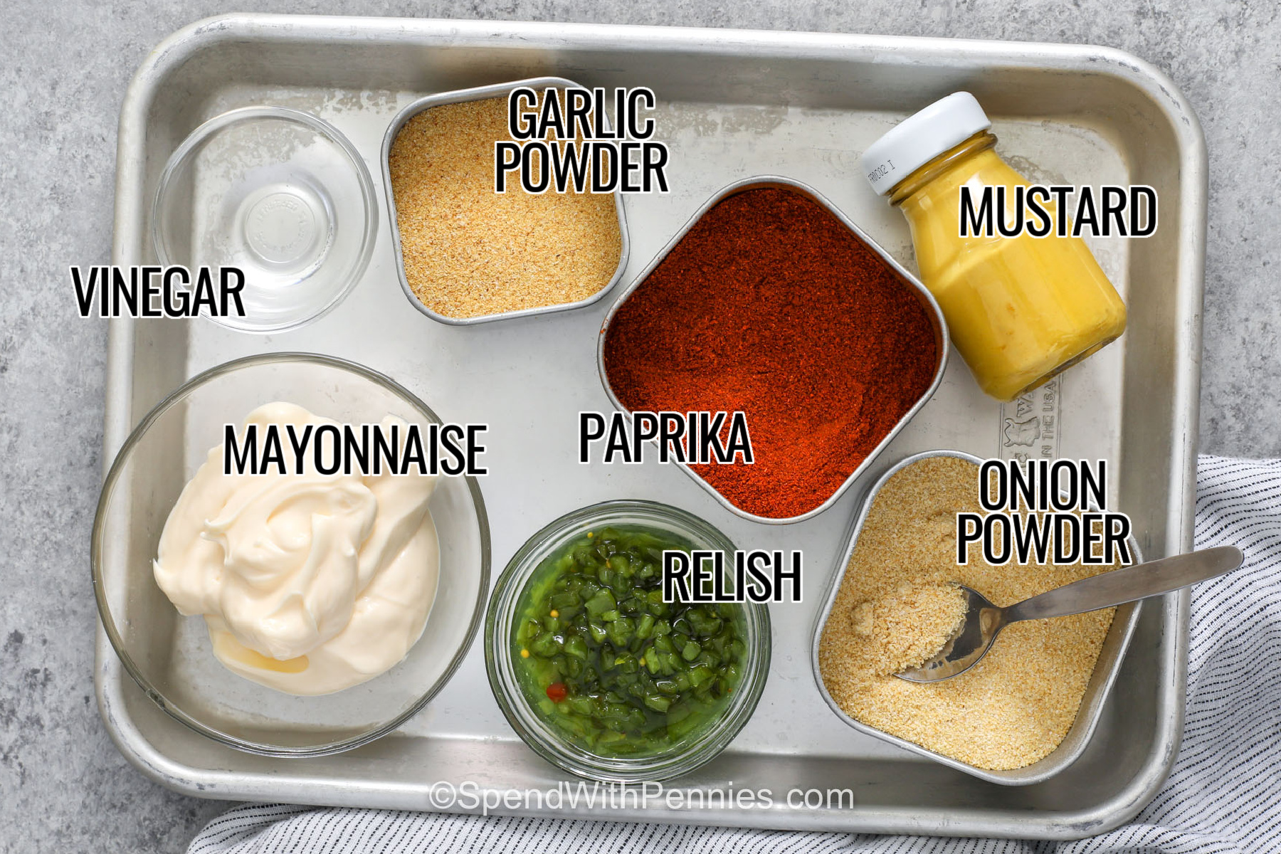 This Big Mac Sauce recipe brings creamy, tangy burger-shop flavor to dinner with just a handful of simple ingredients. Mayonnaise makes a rich base while sweet pickle relish, yellow mustard, white vinegar, paprika, onion powder, and garlic powder add sweetness and zip. It is a quick no-cook sauce for burgers, fries, sandwiches, wraps, or burger bowls. Save this easy homemade sauce for your next burger night. #spendwithpennies onion powder , garlic powder , paprika , relish , vinegar , mustard and mayonnaise with writing to make Big Mac Sauce.