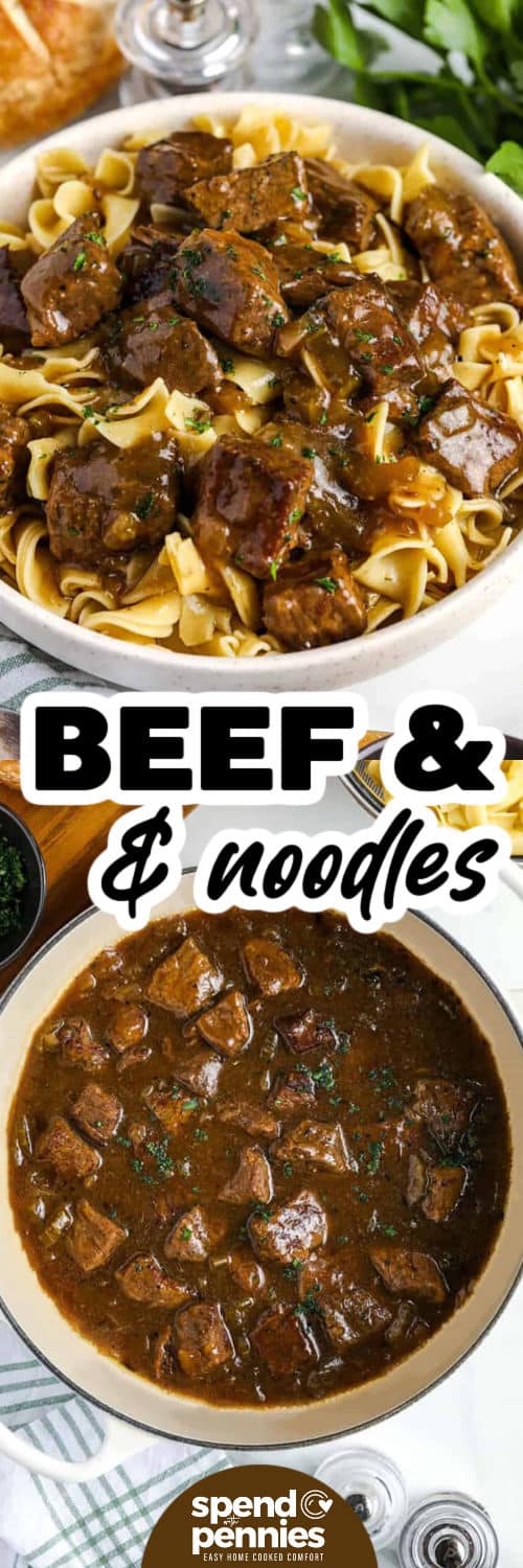 cooked beef in a pot and Beef and Noodles in a bowl with a title.