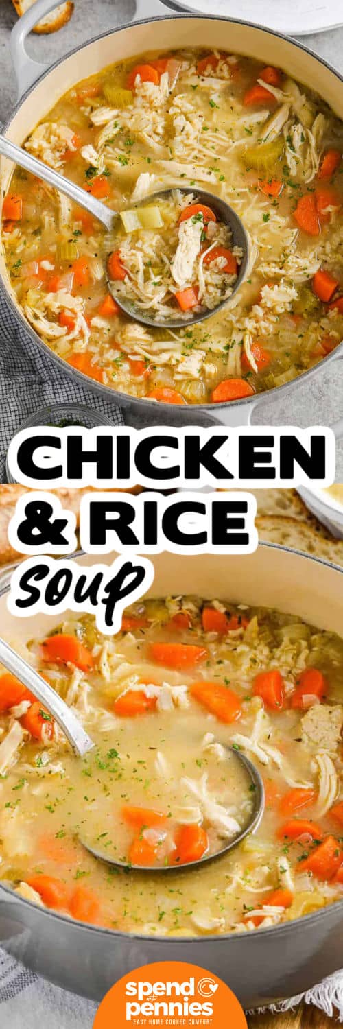 A pot of chicken and rice soup makes dinner easy to serve, with chicken, vegetables, and brown rice in every bowl. This stovetop recipe starts with softened vegetables and finishes with shredded chicken stirred back into the savory broth. Evaporated milk is optional, so you can choose a creamy finish or enjoy it without dairy. The rice absorbs broth as it rests, so keep extra on hand for leftovers. Pin this recipe for a family dinner. #spendwithpennies Chicken and Rice Soup in the pot with a ladle and close up photo with a title.