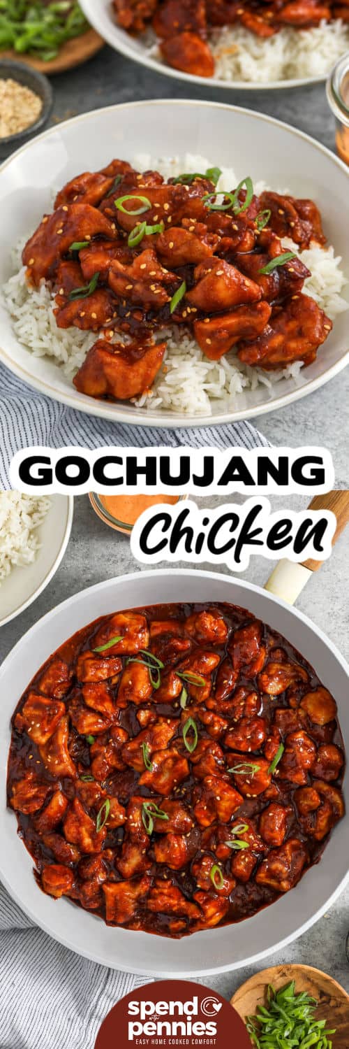 Korean gochujang chicken brings bold sweet and spicy flavor to a simple chicken thigh dinner. Bite-sized chicken cooks quickly in a hot skillet, and cornstarch helps create lightly crisp edges before the pieces are tossed with honey, gochujang, soy sauce, ginger, garlic, and sesame oil. The result is juicy chicken with a glossy sauce that is perfect over rice. Add this easy chicken recipe to your weeknight dinner board. #spendwithpennies Gochujang Chicken plated with rice and bottom photo in the pan with a title.