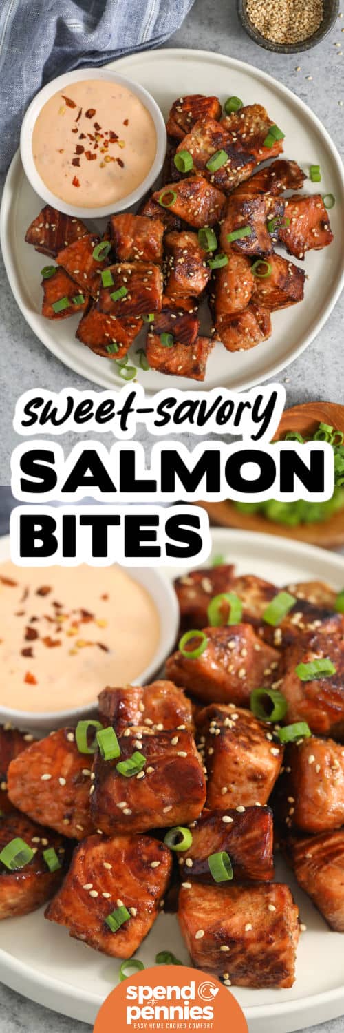 Pan seared salmon bites cook quickly and give you plenty of golden edges without the fuss of cooking a whole fillet. These bite-sized pieces are flavored with soy sauce, honey, and garlic for a simple sweet and savory glaze that pairs perfectly with rice, noodles, salads, or vegetables. The quick marinade keeps prep easy while adding plenty of flavor. Pin these honey garlic salmon bites for an easy dinner idea. #spendwithpennies Two images of Salmon Bites one top view and the other on a plate with dipping sauce and writing.
