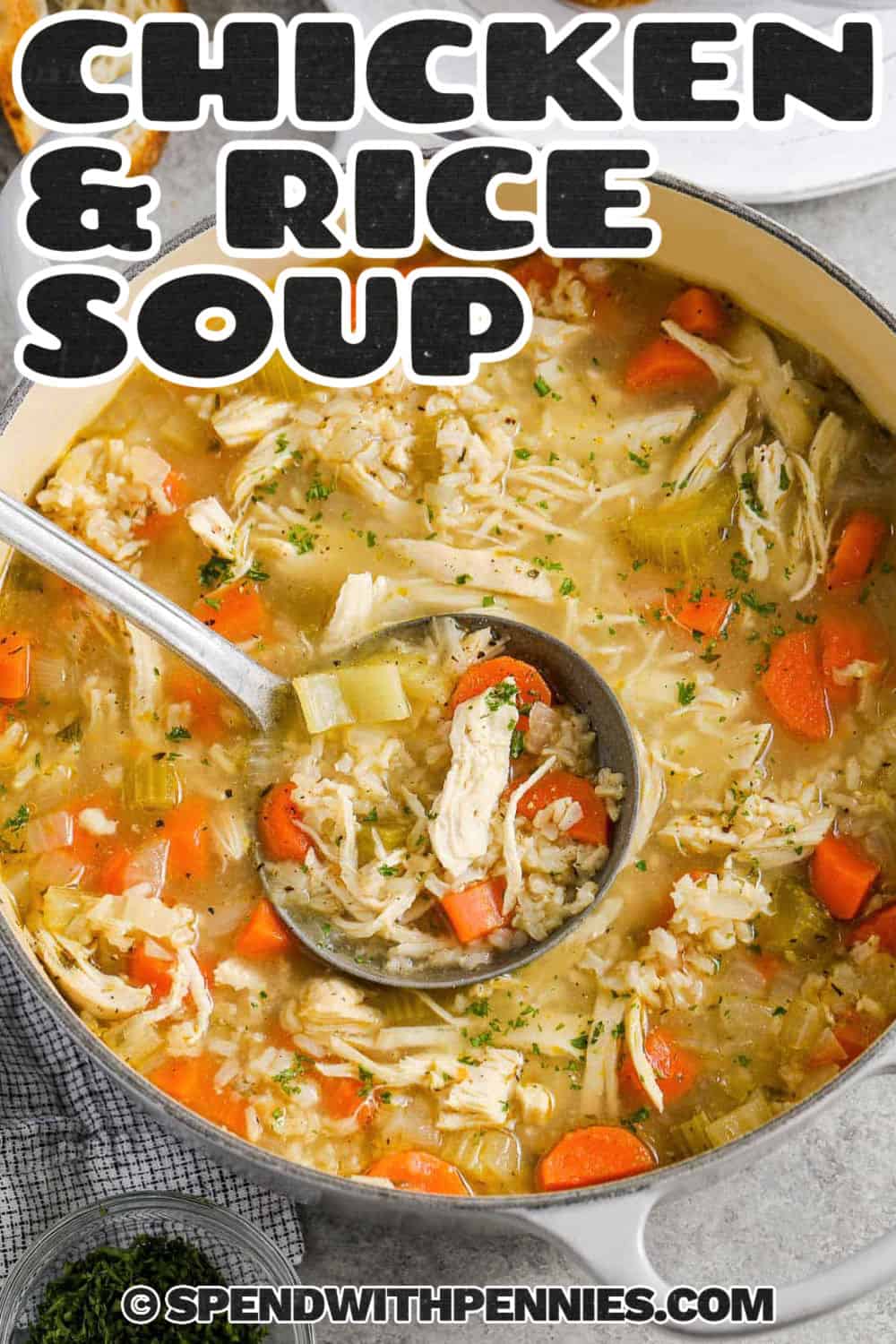 This chicken and rice soup is full of familiar flavors, from sweet carrots and tender celery to shredded chicken and nutty brown rice. The chicken simmers right in the broth, adding flavor as it cooks, while dried parsley and thyme keep the seasoning simple. An optional splash of cream gives each bowl a little extra richness. It is a comforting choice for dinner with bread or a homemade lunch. Save this recipe to your soup board. #spendwithpennies savory Chicken and Rice Soup in the pot with a ladle and writing.