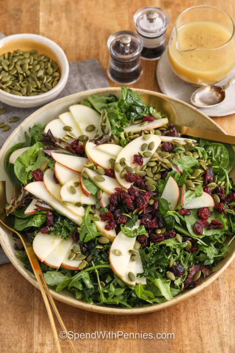 This apple cranberry Thanksgiving salad is loaded with the flavors and textures that make fall dishes so inviting. Crisp apples and chewy dried cranberries add sweetness, kale and mixed greens keep every bite fresh, and pumpkin seeds provide an easy crunch. Everything is finished with a homemade apple cider vinegar dressing sweetened with honey and balanced with Dijon. It is simple, festive, and easy to prep ahead. Save it for your Thanksgiving table. #spendwithpennies Thanksgiving salad in a bowl with serving spoons.