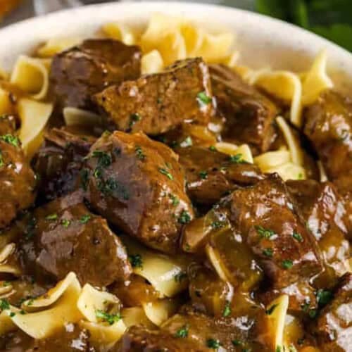 close up of Beef and Noodles in a bowl.