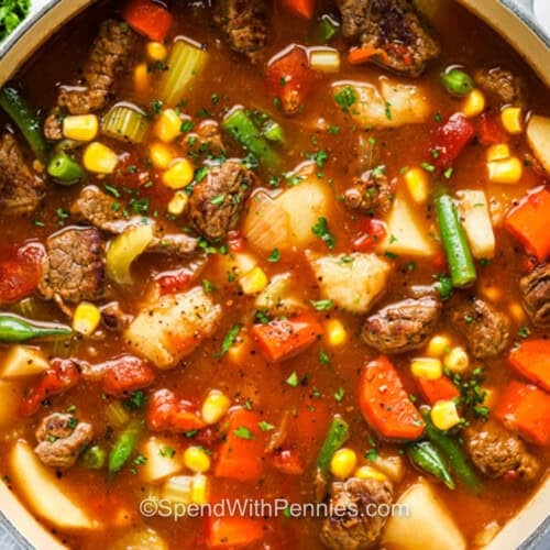 Vegetable Beef Soup in a pot.